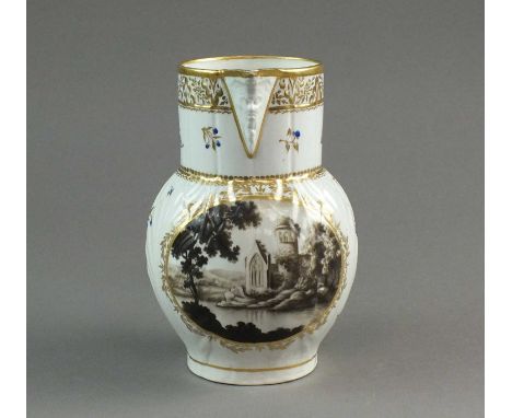 A rare Caughley jugcirca 1785-90of cabbage leaf form with mask-spout, Chamberlain's decorated, painted in sepia with an oval 