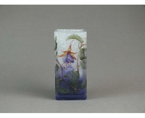A Daum Nancy glass vase in the Fuchsia patterncirca 1900of rectangular sleeve cut form, painted and enamelled with scattered 