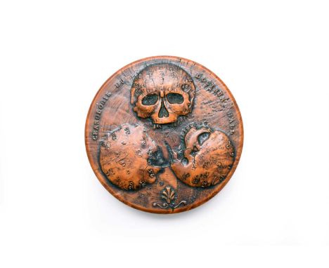 A French walnut 'Docteur Gall' snuff box, early 19th centuryTurned wood lined with tortoiseshell, the top carved with three n