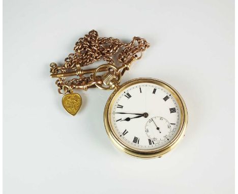 A Gentleman's 9ct gold open face pocket watch, hallmarked Birmingham 1929, the white enamel dial with black Roman numerals an