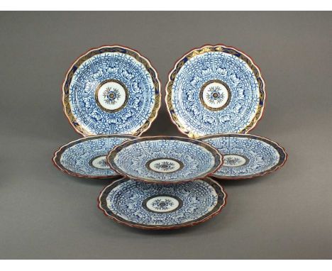 A set of six Worcester porcelain dessert platescirca 1780-90of circular lobed form, painted in underglaze blue in the Royal L