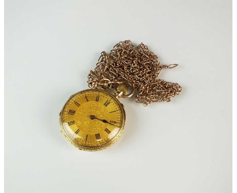 A mid 19th century 18ct gold open face fob watch, hallmarked London 1859, the decorative gold dial with black Roman numerals,