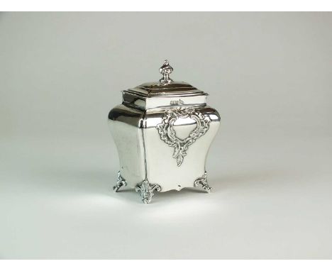 A Victorian silver tea caddy, Walker &amp; Hall, Sheffield 1899, of bombe form with embossed vacant cartouch and raised on fo