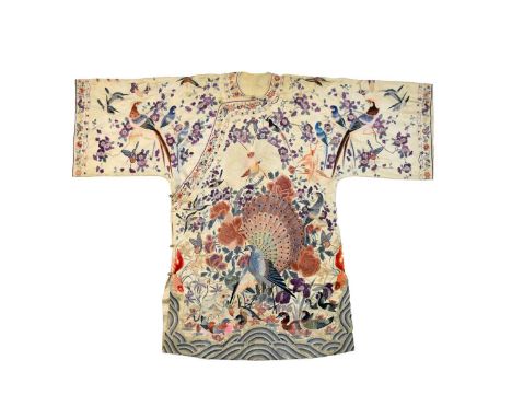 A Chinese ivory-ground embroidered silk robe, Jifu, Qing DynastyThe summer robe woven with a peacock and peahen amidst a prof