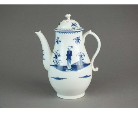 A Caughley coffee pot and covercirca 1775-82of baluster form, with floral finial to the cover, painted in underglaze blue wit