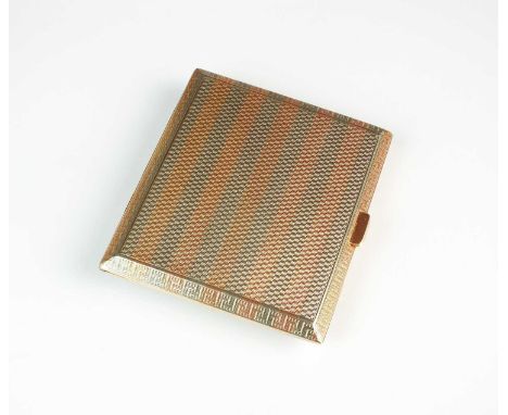 A 9ct gold cigarette case, E Whitehouse &amp; Son, Chester 1927, of engine turned form with alternating rose and white gold s