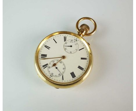 A Gentleman's late Victorian 18ct gold open face pocket watch, hallmarked London 1900, by Usher and Cole, the white enamel di