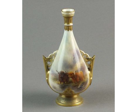 A Royal Worcester vase painted with Highland cattle by Harry Stintoncirca 1912of ovoid form with angular and scroll handles, 