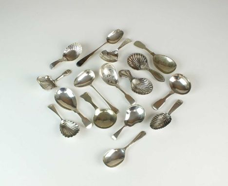 A collection of ten silver caddy spoons, various dates and makers, together with a silver child's spoon, a silver teaspoon, t