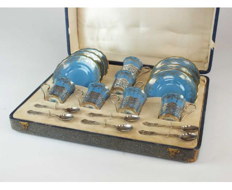 An unusual Coalport Art Deco silver-mounted coffee serviceturquoise with gilt detail to the rims, with Alexander Clark Co Ltd