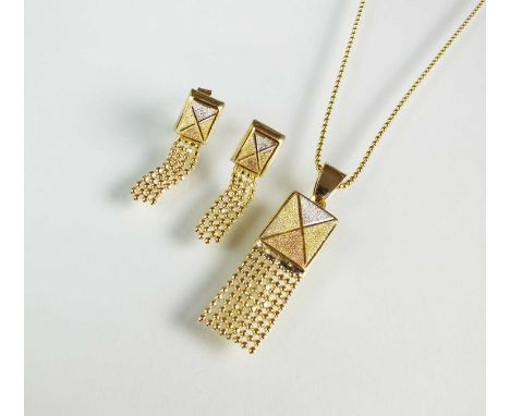 A yellow metal tri-coloured pendant and earring suite, the pendant designed as a textured yellow, white and rose metal rectan