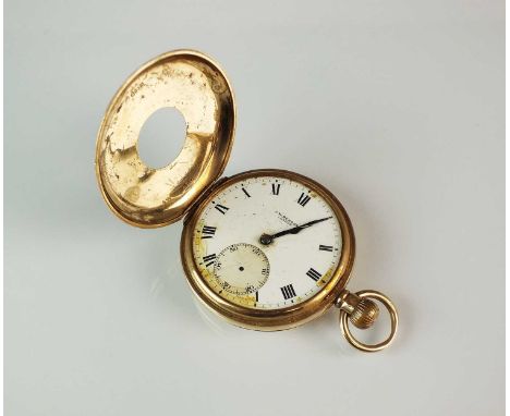 A Gentleman's 9ct gold half hunter pocket watch, hallmarked Birmingham 1930, by J W Benson, the white enamel dial with black 