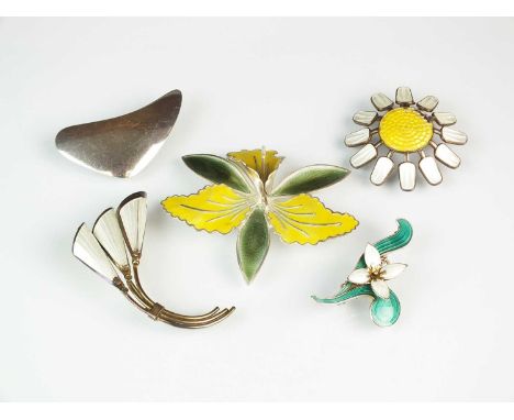 Three silver and enamel flower brooches, each stamped 'Norway Sterling 925S', together with a silver brooch stamped 'Sterling