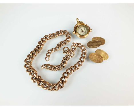 A 9ct rose gold graduated curb link albert, (broken), together with a pair of 9ct gold cufflinks, total weight approx 47g, to
