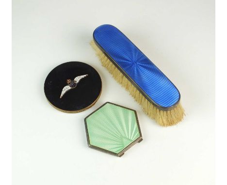 An Art Deco silver and green guilloche enamel compact, Adie Brothers Ltd, Birmingham 1933, together with a silver and blue en