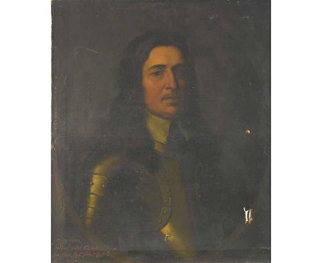 Follower of English School, 17th century, half portrait of Vincent Corbet wearing armour and with a white collar, inscribed l