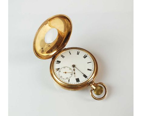 A Gentleman's 9ct gold half hunter pocket watch, hallmarked Birmingham 1920, the white enamel dial with black Roman numerals 