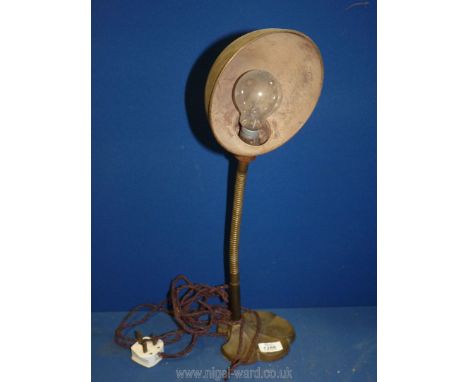 A metal flexible desk lamp and metal shade, 20'' tall.