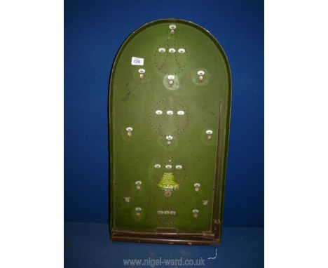 A green Corinthian Bagatelle Masterboard with spring ball release, 30'' x 15 1/2''.