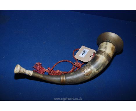 A horn and brass Hunting horn with shield motif with stag, engraved 'W. Hoskins'.