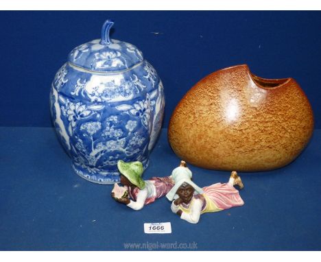 A retro orange Bertoncello ceramic vase, pair of boy and girl figures and a blue and white oriental lidded jar