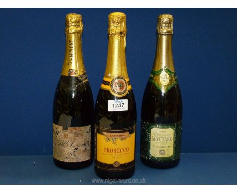 Three bottles of Champagne and sparkling wine including Lionel Derens Brut, Vieux Millestrue and La Marca Prosecco, 750 ml.