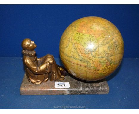 An Art Deco bedside lamp with world globe shade and Pierrot figure on marble base, 4'' x 9'' x 7'' high with original lead an