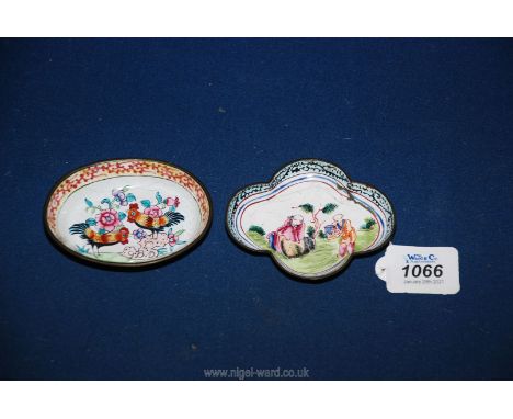 An 18th/19th c. enamel multicoloured oval Dish decorated with cockerels, flowers and rocks plus a similar quatrefoil Dish dec