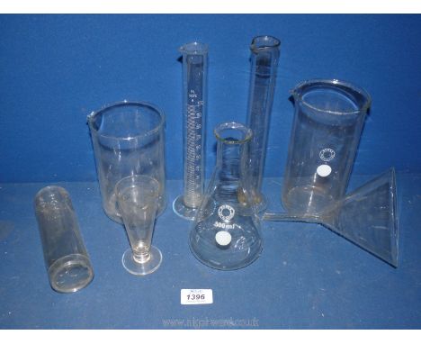A small quantity of Scientific glass measures: 500 ml Pyrex conical flask, 1 litre beaker, funnel (chip to rim), test tubes, 