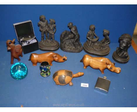 A quantity of treen animals, tortoise, boar, rhino etc., four Celtic Coalcraft figure made from coal at the Tower Colliery, b