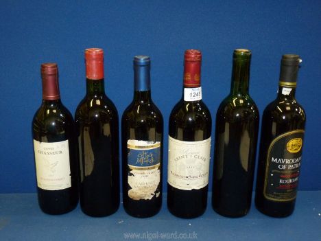 Six bottles of red wine including Mavradaphne of Patras, Grand Vin de Bordeaux, 2007 Cuvee Chasseur etc.