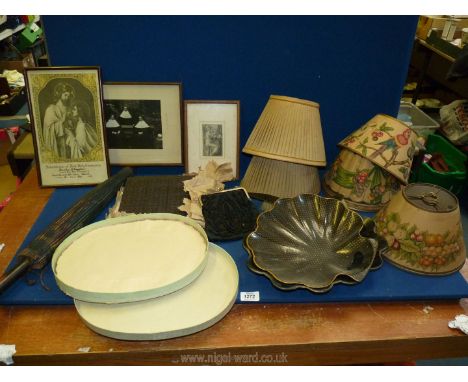 A quantity of miscellanea including oriental paper umbrella, paper doilies, framed prints, papier mache crumb trays and brush