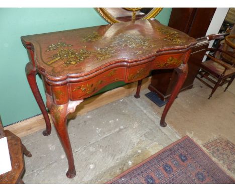 A fine old Chinoiserie red/brown lacquered flap-over Card Table beautifully decorated with flowering plants, birds and a drag