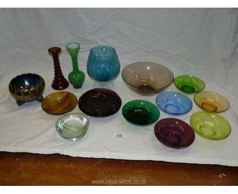 A quantity of coloured glass including red and orange candlestick, large blue goblet, fruit set, a/f , heavy mauve bowl etc.