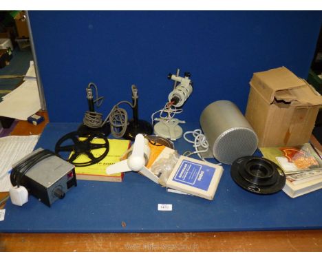 A boxed DNH Car 6T 6 watt bi-directional projector Loudspeaker, a pair of Bakelite Microphone Stands, a USSR Microscope lamp/