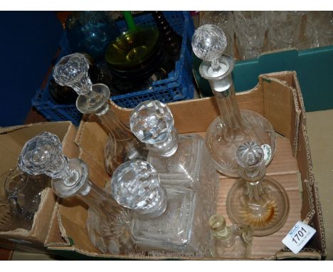 A quantity of glass decanters including two pairs,one square the other globe shaped with long neck,small vinegar/oil decanter