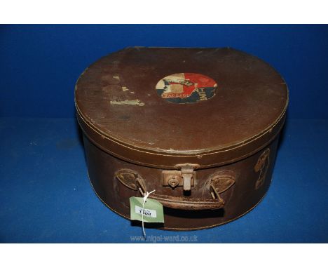 A vintage hat box by C.E. Kitching Pty Ltd. with attached stickers.