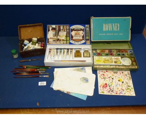 A quantity of Art supplies including boxed Rowney watercolours, Windsor &amp; Newton oils and watercolours (box a/f), poster 