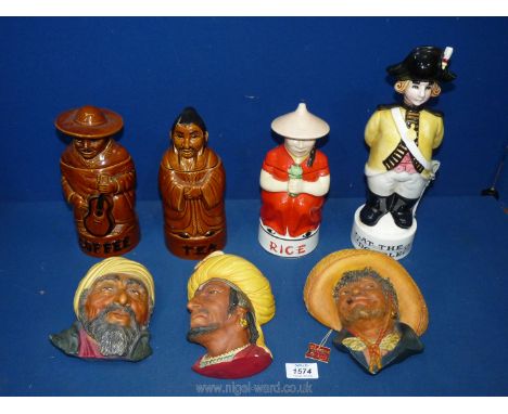 A Napoleon style musical decanter, Pek Chinese man tea caddy (a/f), Pek Mexican coffee caddy, Chinese lady rice container and