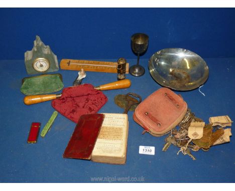 A quantity of miscellanea including Common Book of Prayer, small wooden penknife and thermometer, purse of keys, bottle opene