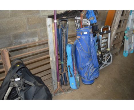 A quantity of gardening tools; chimney sweeping rods etc.