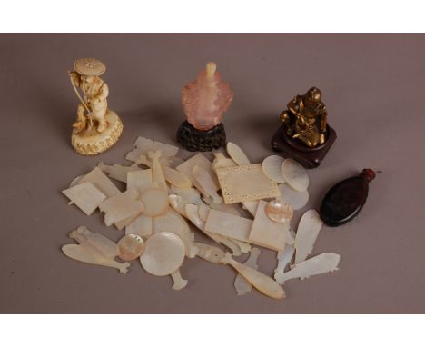 A collection of Far Eastern antique and vintage items, including a quantity of Chinese mop gaming counters, a rose quartz sty