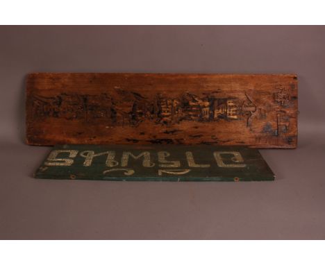 Two vintage Far Eastern wooden signs, one carved wood with Chinese text, 85cm high, the other painted green with white script