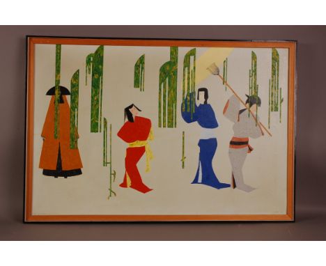 A 1970s Japanese style oil on canvas, with four Japanese figures, monogrammed, dated, titled, Path of Willow, some wear and m