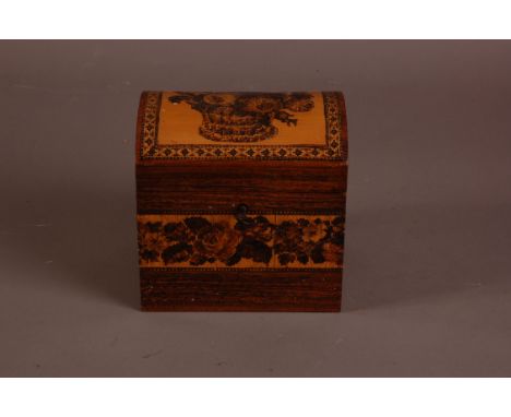 A Victorian period Tunbridge Ware tea caddy, domed lid on rectangular base, 14cm wide, with internal cover