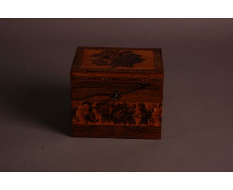 A Victorian period Tunbridge Ware tea caddy, rectangular, 14cm wide, with internal cover and lead lining