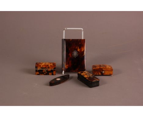 Five 19th century tortoiseshell items, including an elliptical patch box with portrait to lid, a snuff box, a note book, and 