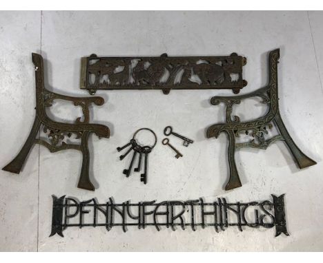 Collection of vintage metalware to include 'Pennyfarthings' sign, set of large keys, pair of cast iron children's miniature b