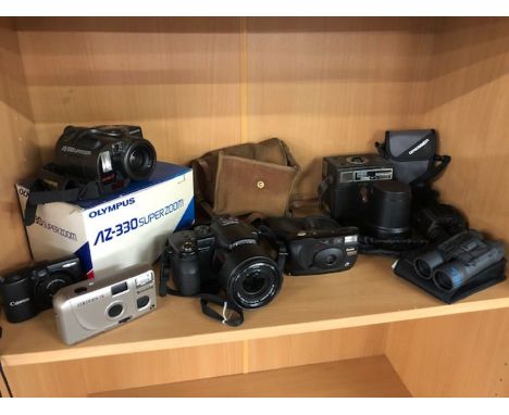 Collection of vintage cameras, binoculars and lenses to include Panasonic DMC-FZ50, Leica DC Vario-Elmarit lens, Olympus AZ-3