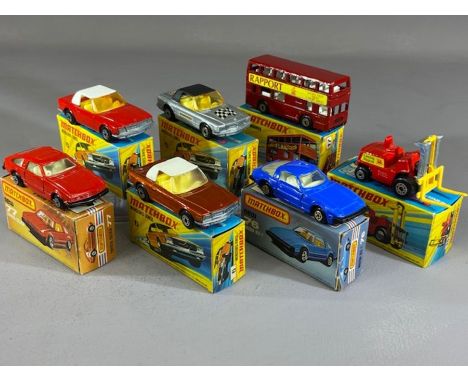 Seven boxed Matchbox diecast model vehicles: 16 Mercedes 350 SL x 3, 15 Fork Lift Truck, 17 The Londoner, 76 Mazda RK-7 and 7